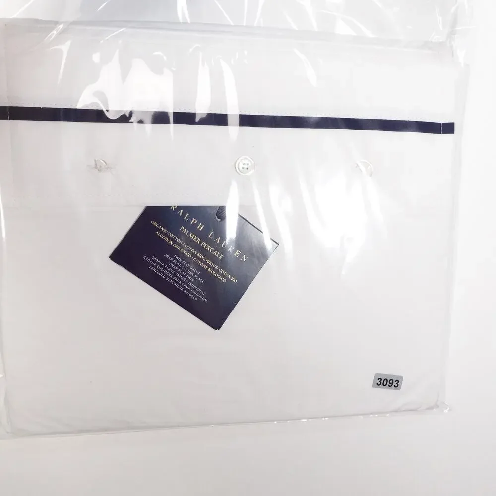 Ralph Lauren Organic Cotton Percale Palmer Twin Flat Sheet White/Polo Navy $125